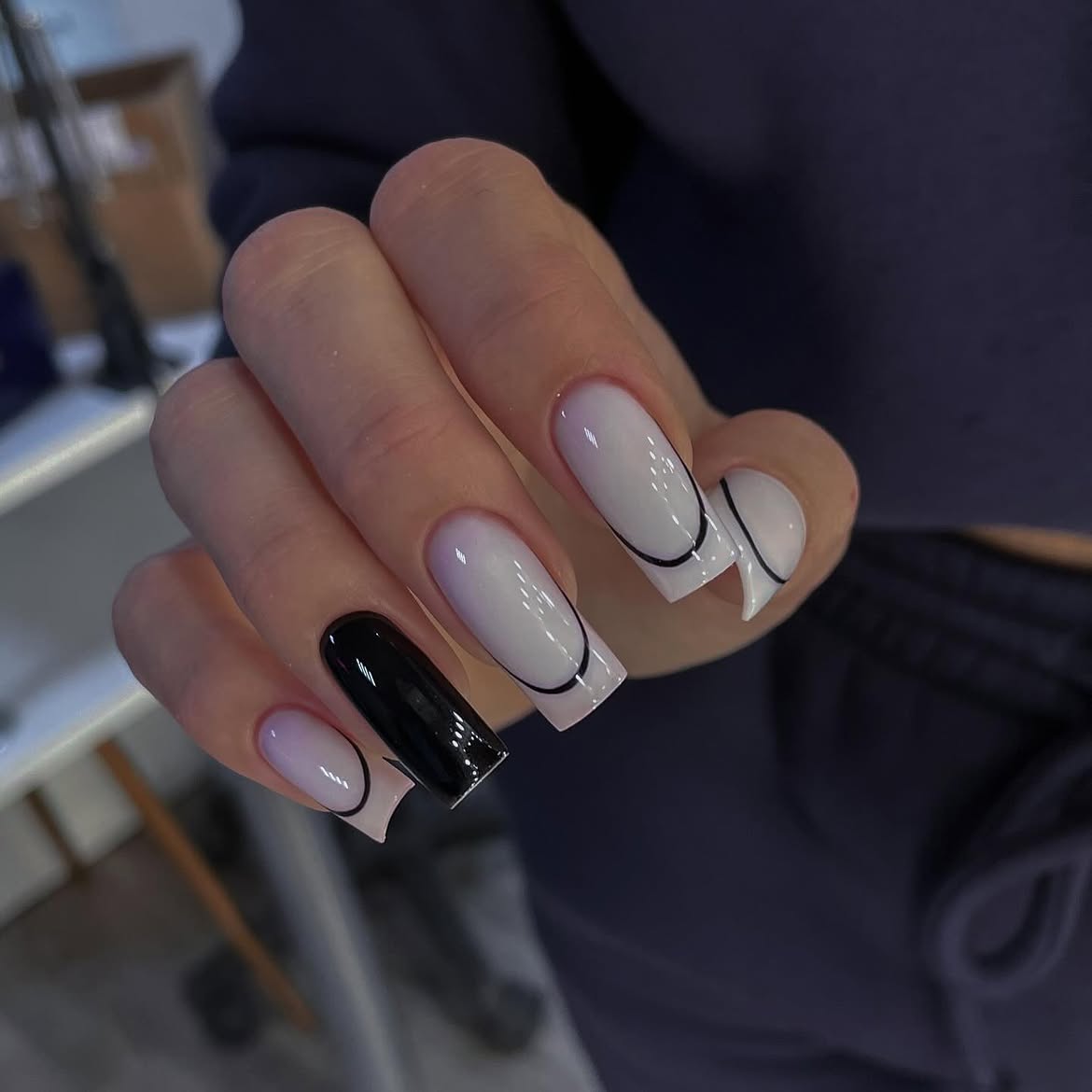 Monochromatic Line Art Square French Nails