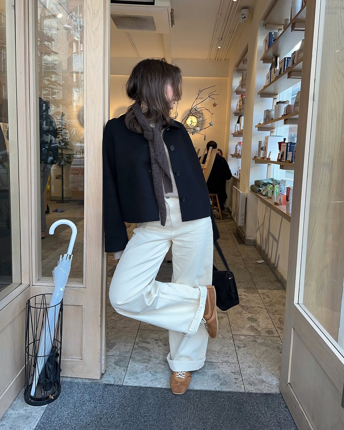 Monochrome Layers With Cropped Jacket And Wide Leg Jeans