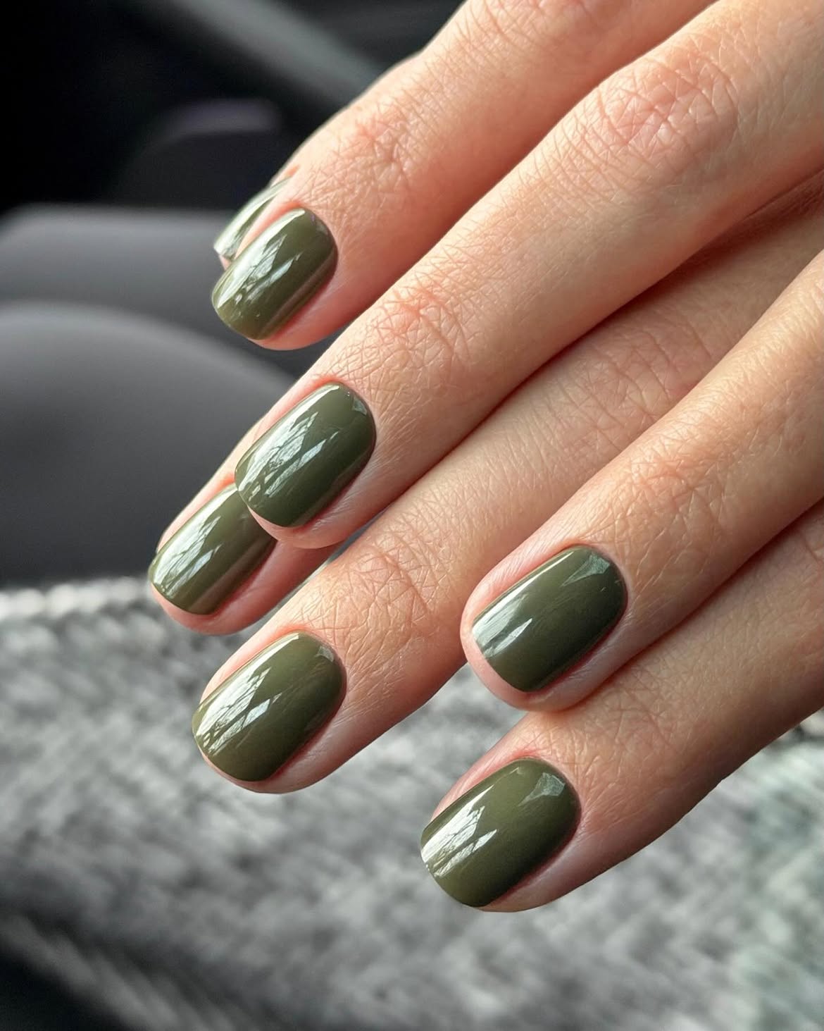 Moss Green Glossy Short Oval Nails