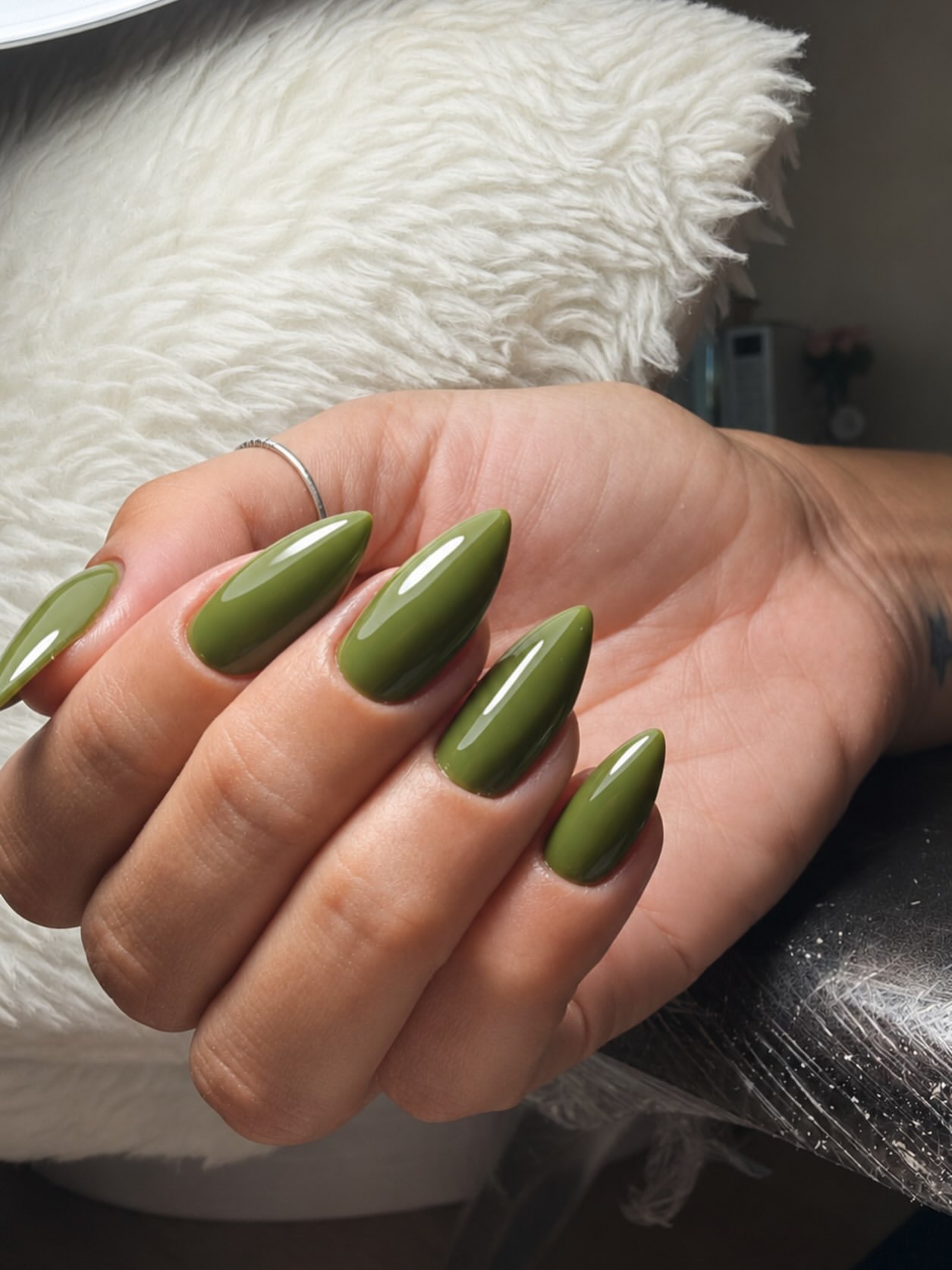 Moss Green Stiletto Nails with High Gloss Finish