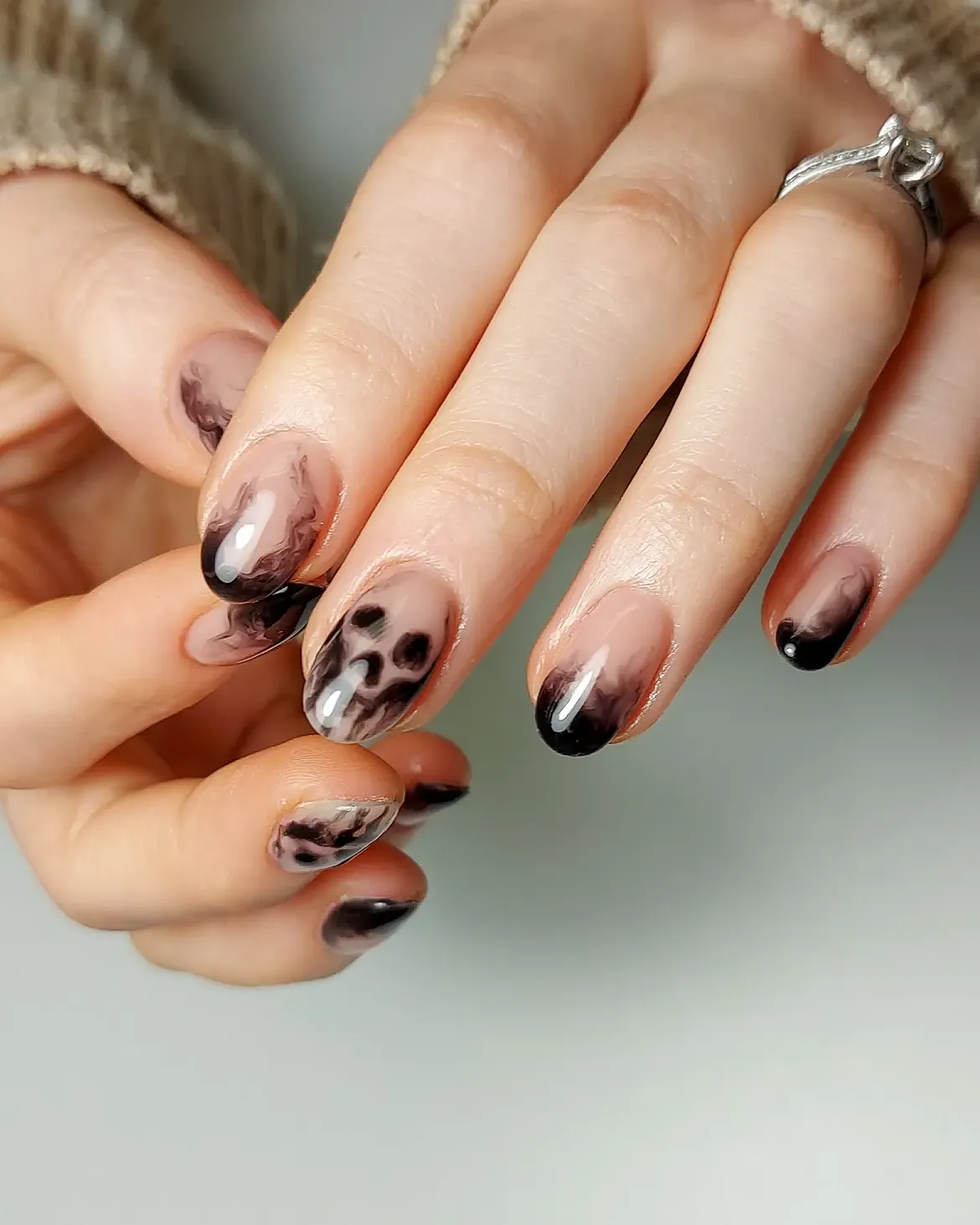 Mysterious Black Skull French Ombre Nails