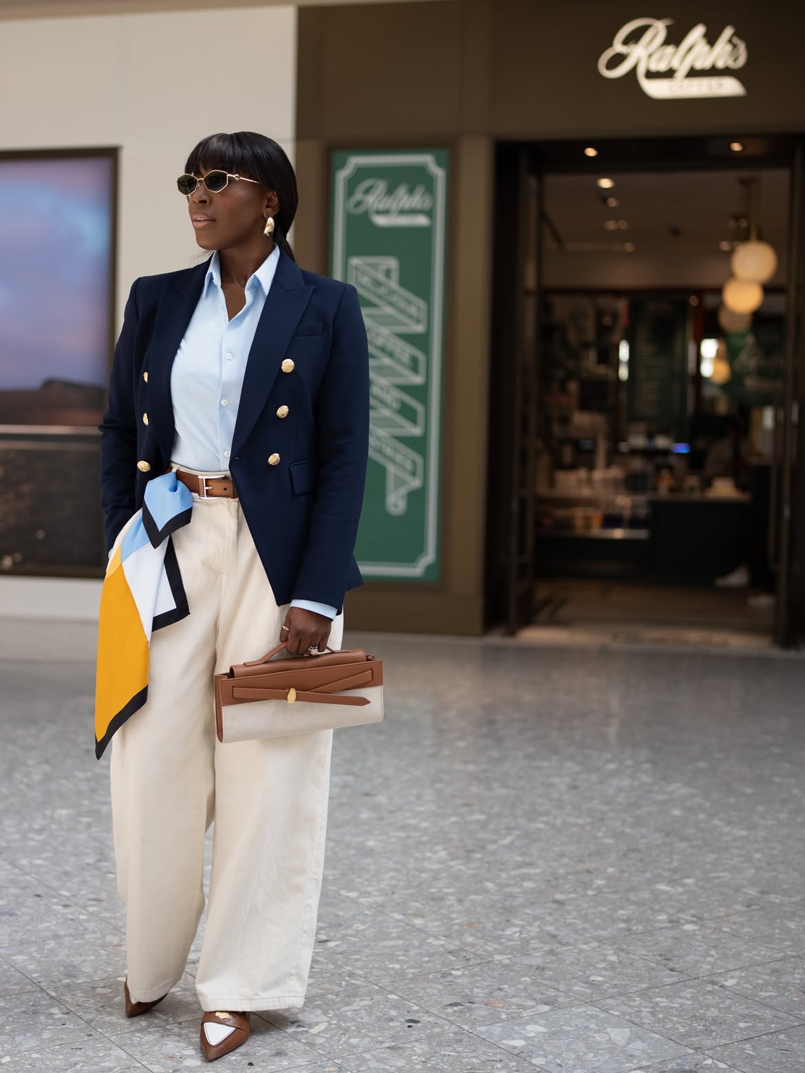 Navy Blazer With Wide Leg Cream Trousers Ensemble