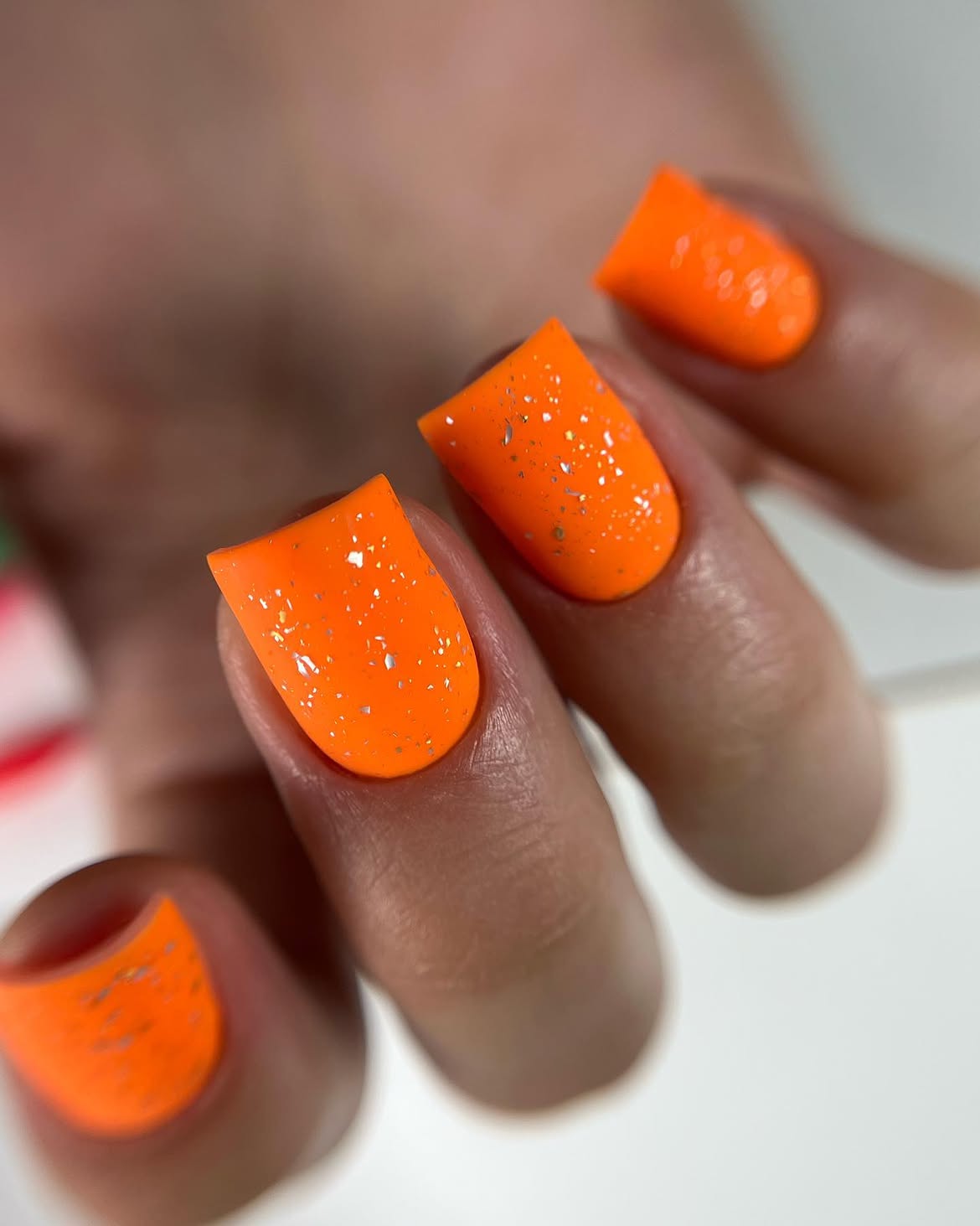 Neon Orange Glitter Short Squoval Nails