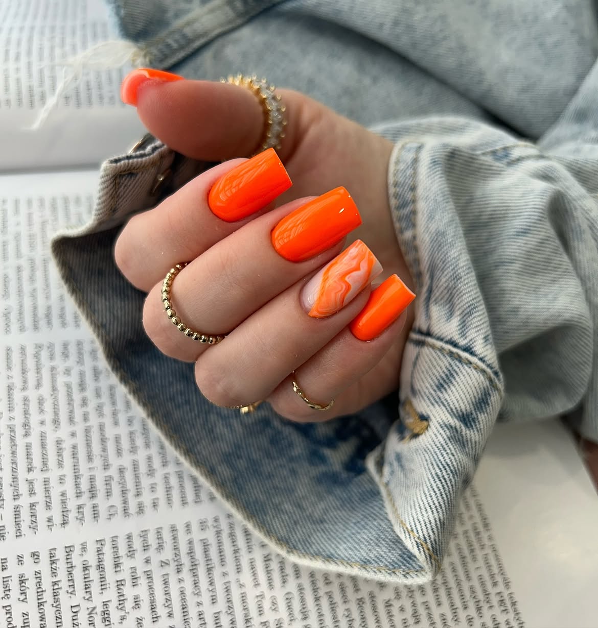 Neon Orange Marble Square Nails