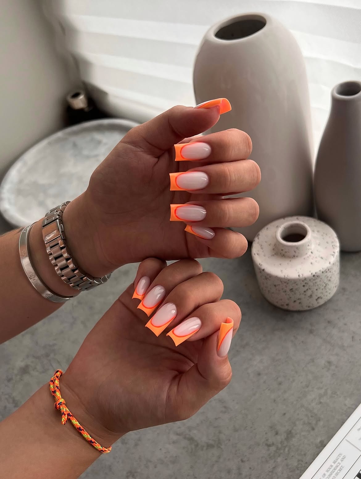 Neon Orange Outline French Tip Square Nails