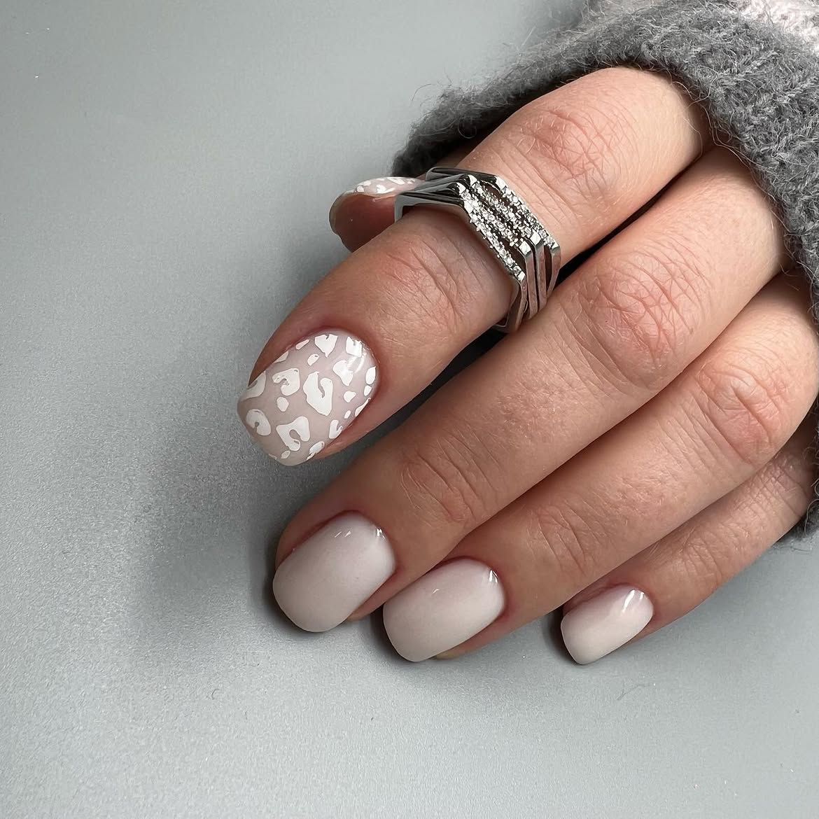 Neutral Leopard Print And Milky Base Nails