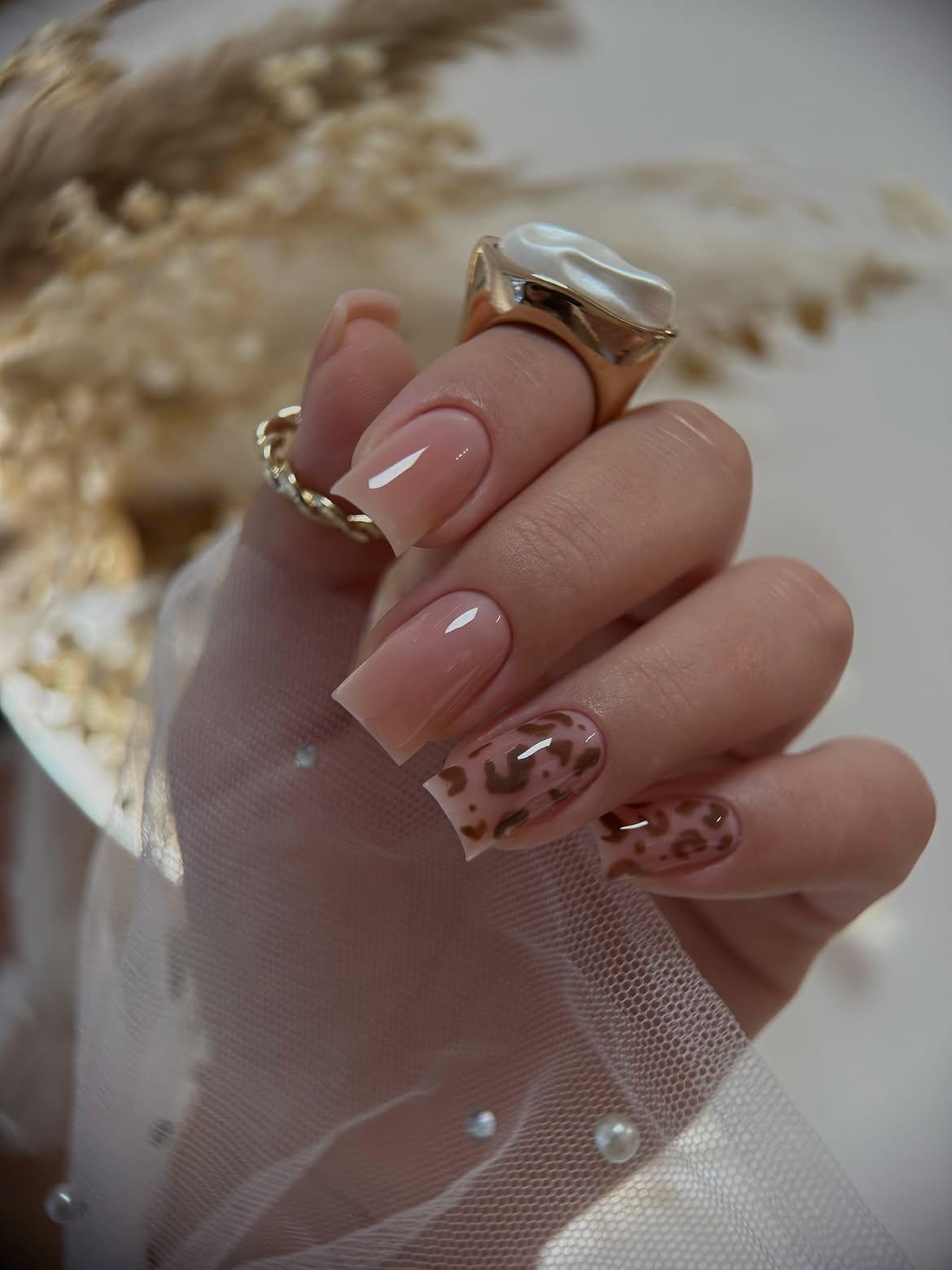 Neutral Leopard Print French Tip Square Nails