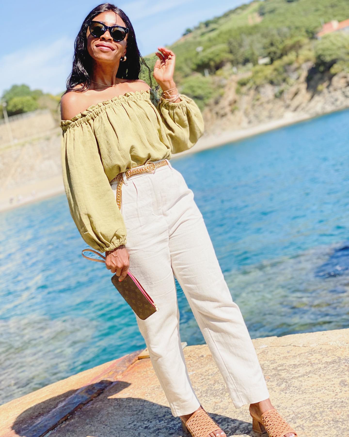 Off-Shoulder Olive Top With Linen Trousers