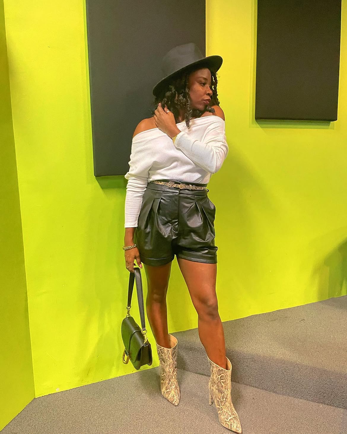 Off-Shoulder Top With Faux Leather Shorts