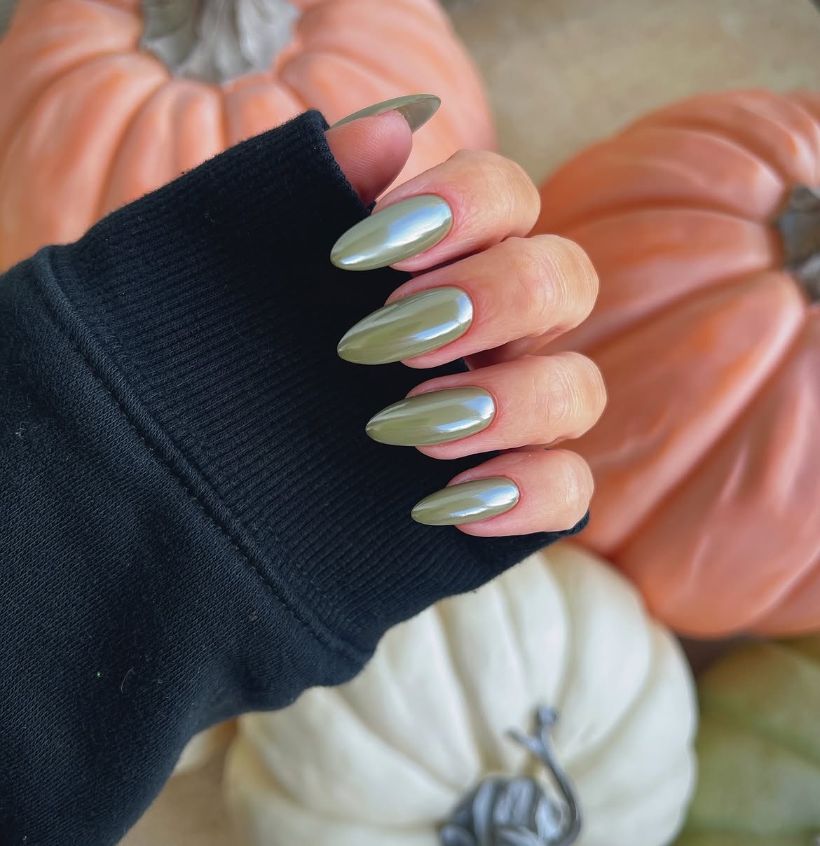 Olive Chrome Almond Shaped Fall Nails