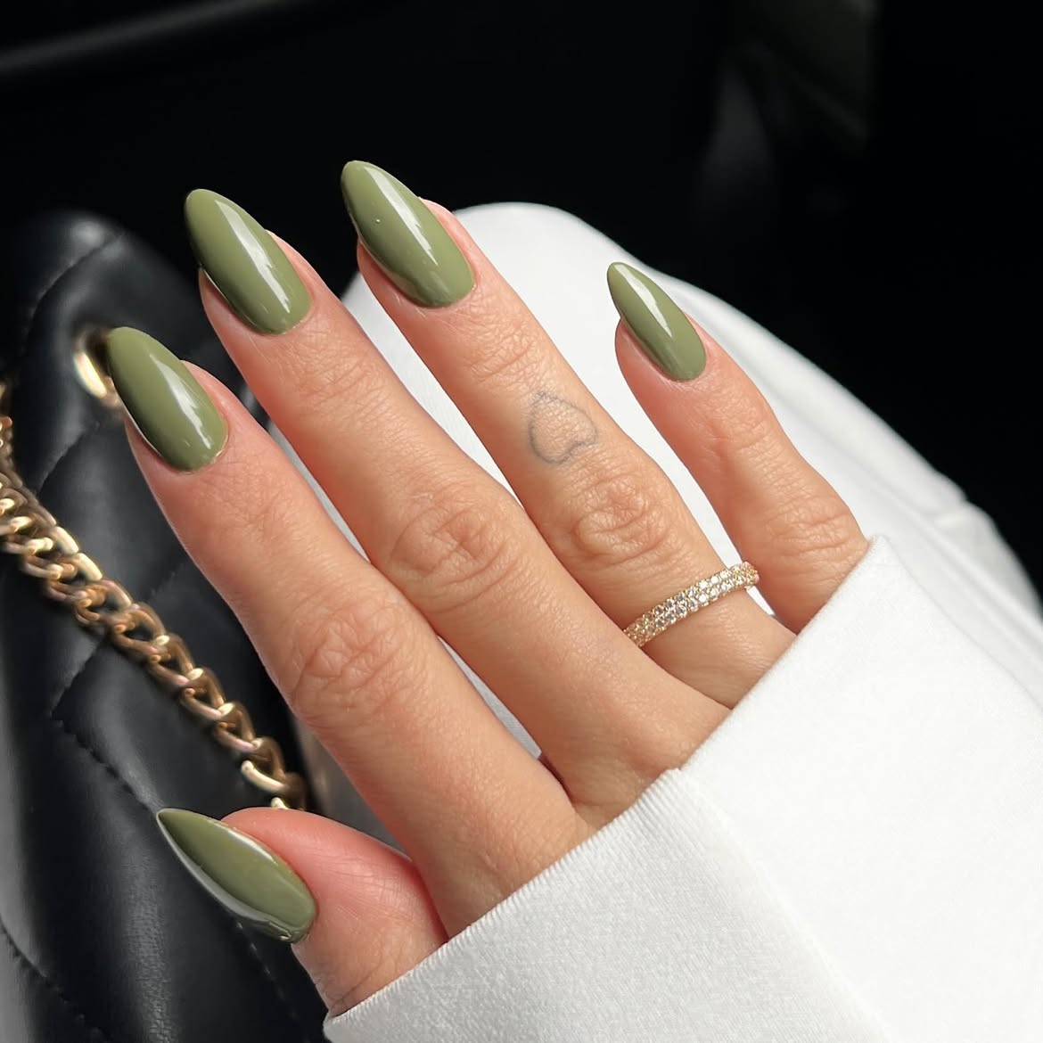 Olive Green Almond Glossy Manicure