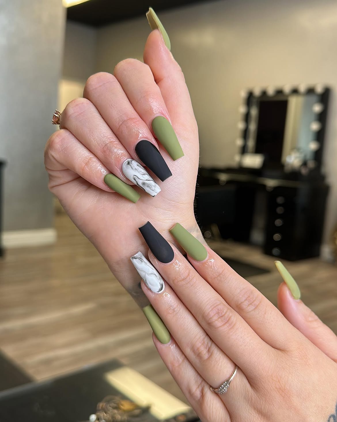 Olive Green Black Marble Matte Coffin Nails