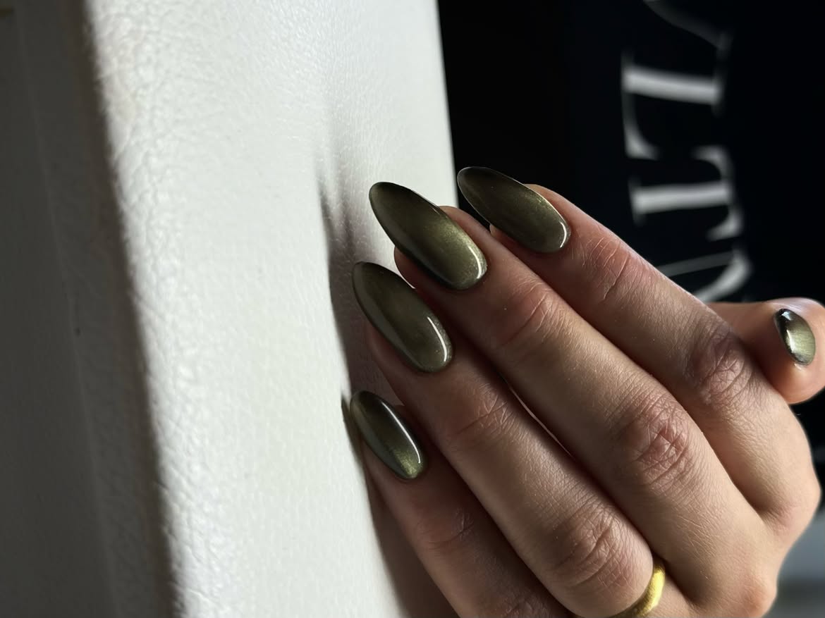 Olive Green Cat Eye Almond Nails