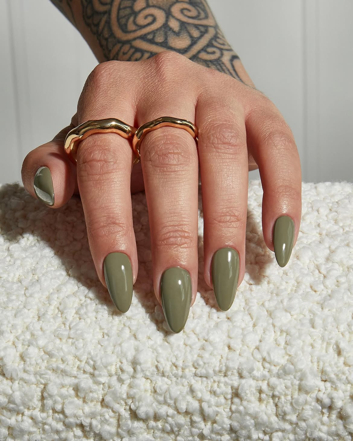 Olive Green Glossy Almond Nails