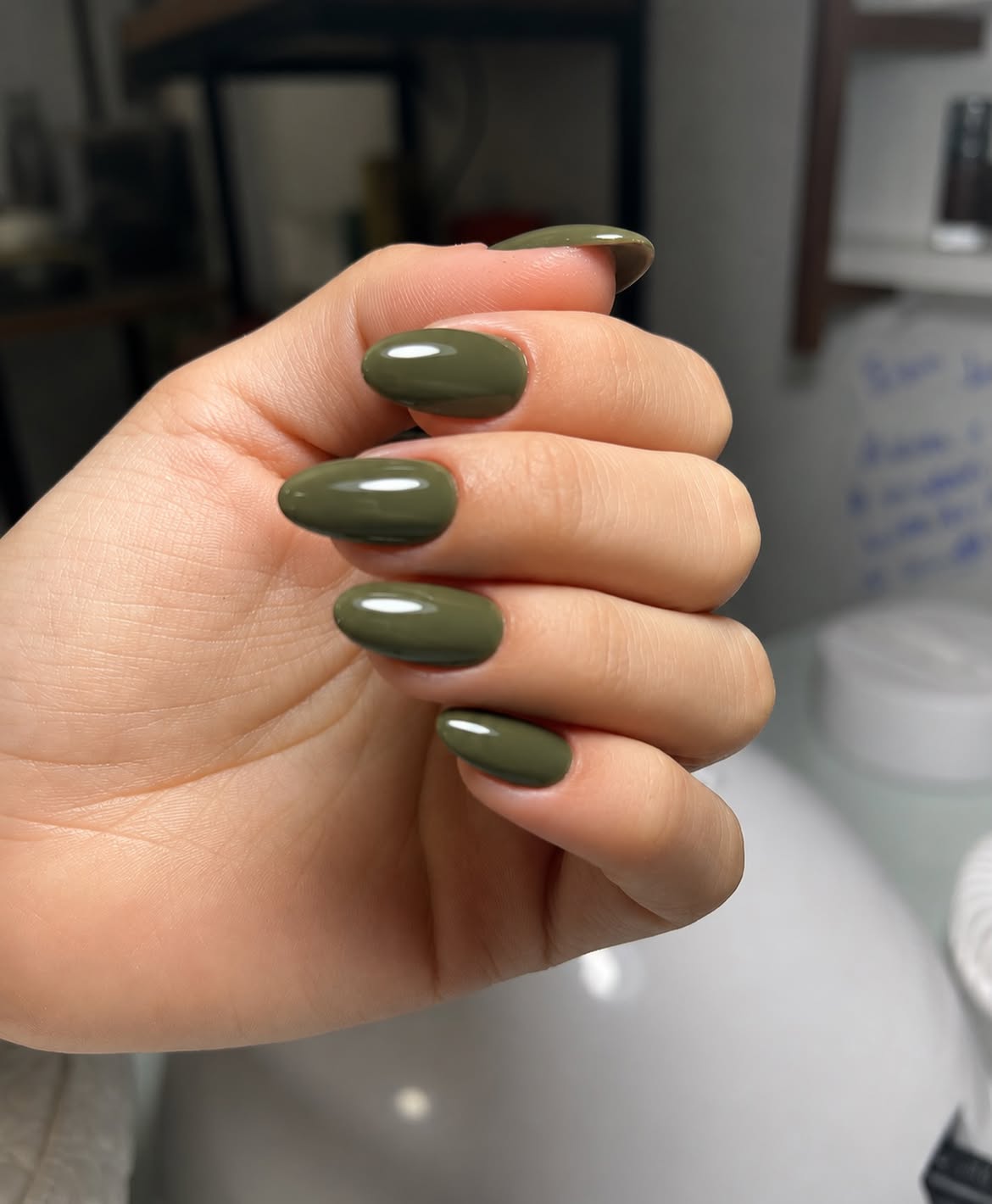 Olive Green Glossy Oval Nails