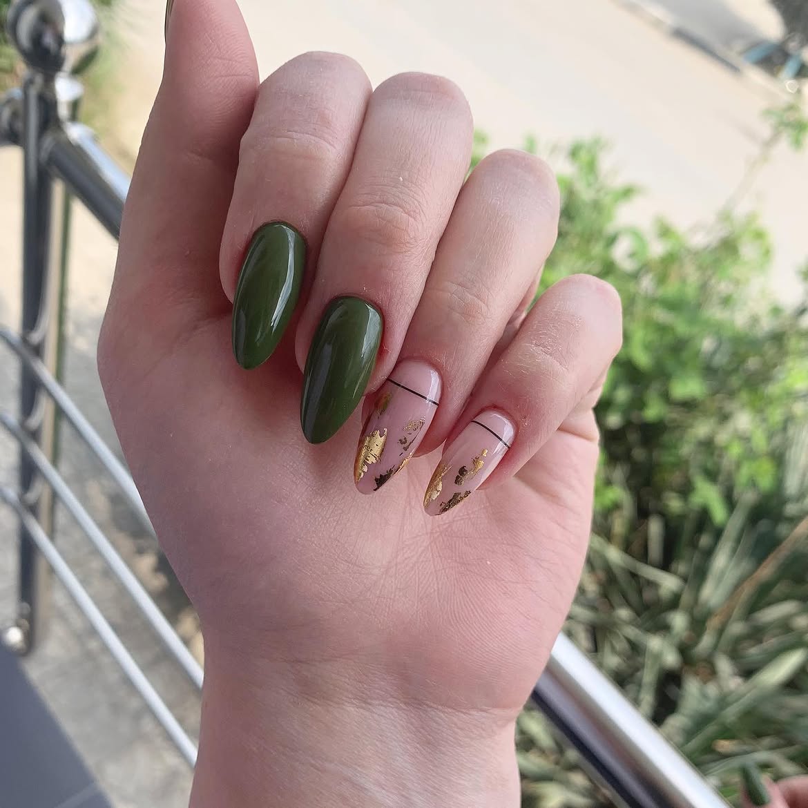 Olive Green & Nude Gold Leaf Almond Nails