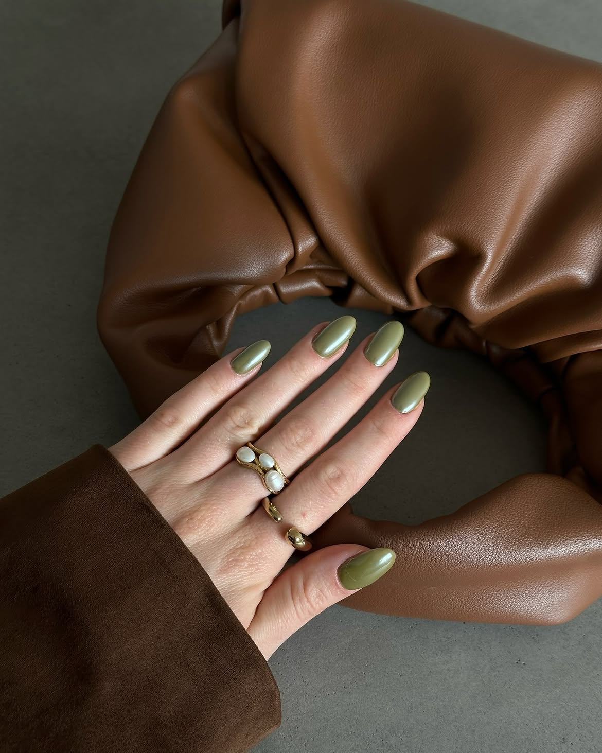 Olive Green Oval Glossy Fall Nails