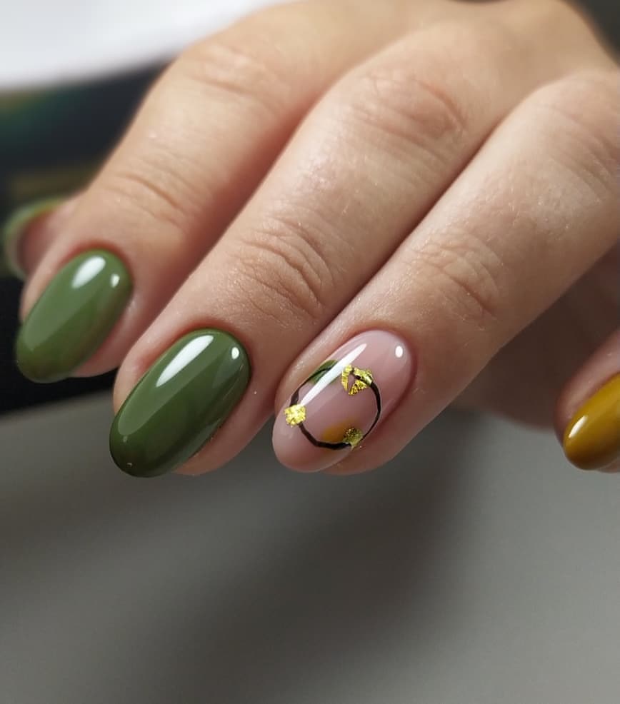 Olive Green Oval Nails with Gold Leaf Accents