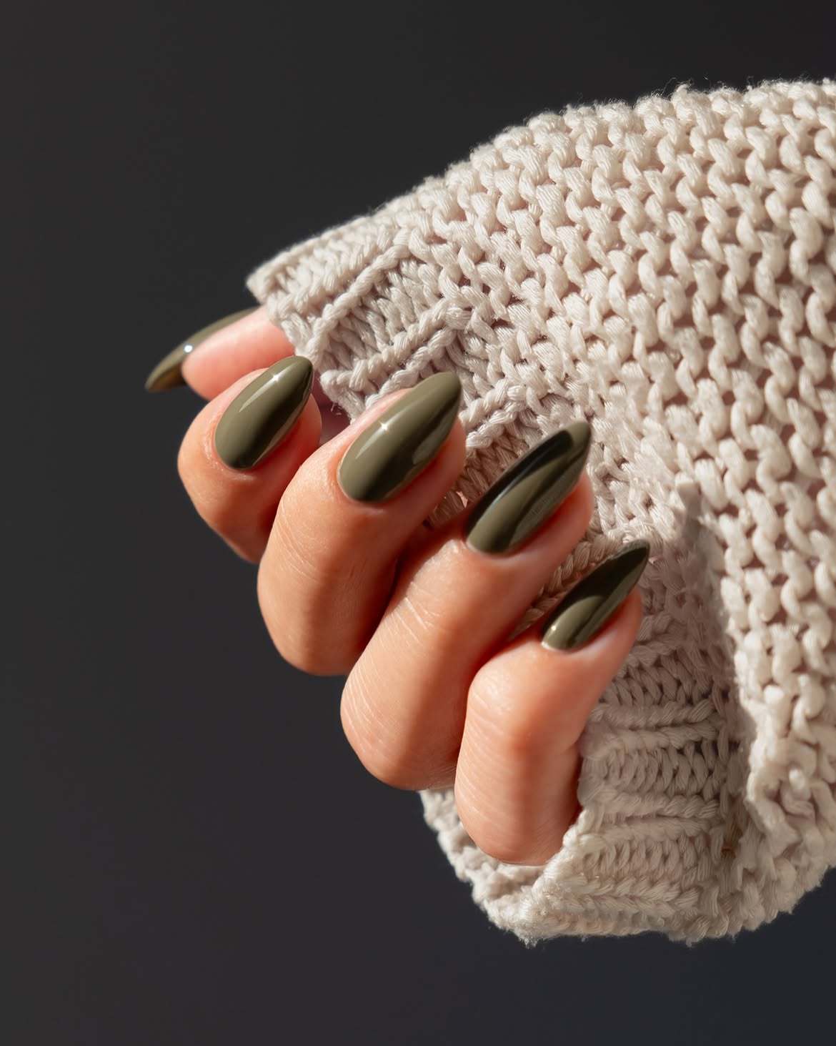 Olive Green Stiletto Nails With Glossy Finish