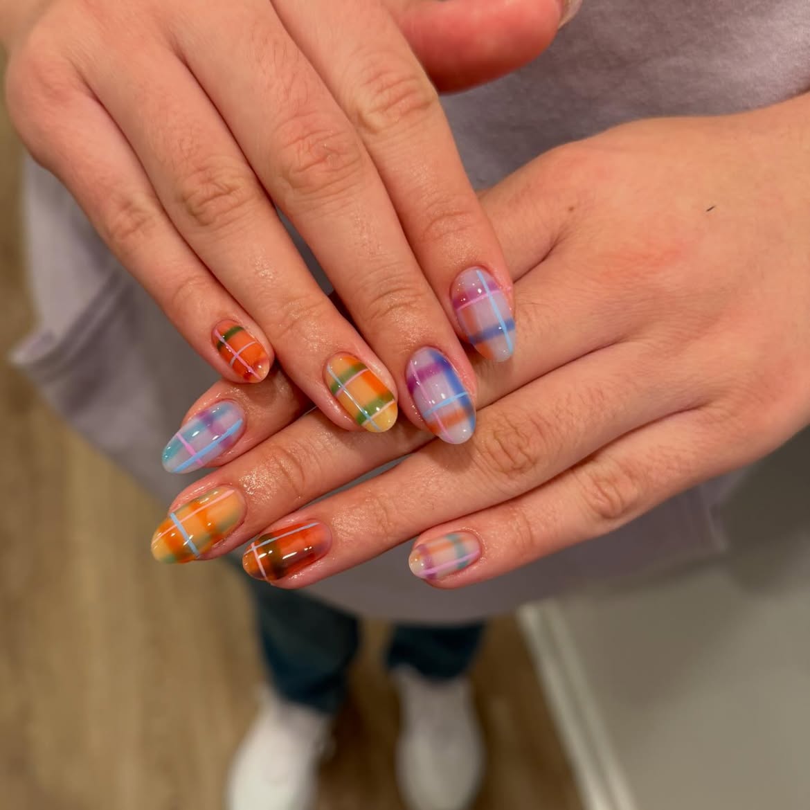 Ombre Plaid Abstract Art Almond Nails