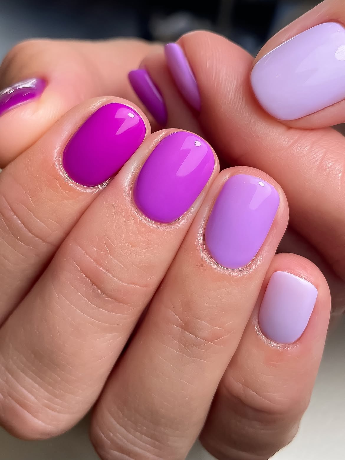 Ombre Purple Mismatched Shades Glossy Nails
