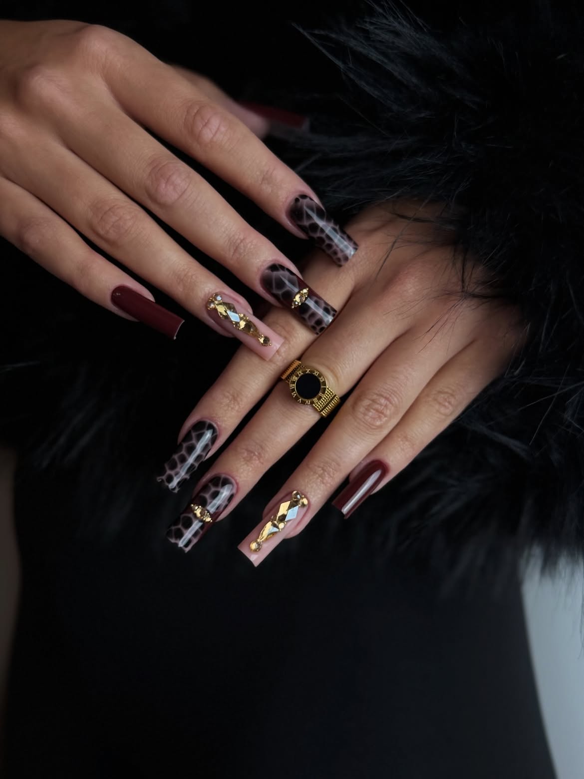 Onyx Leopard Print & Burgundy Gem Accents