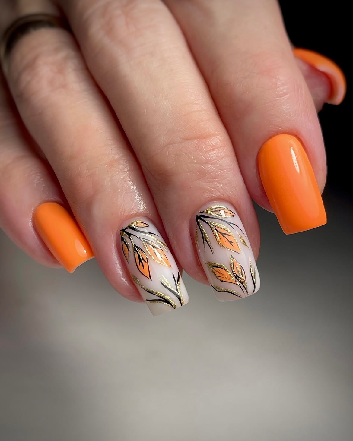 Orange Leaf Fall Nail Art Medium Squoval