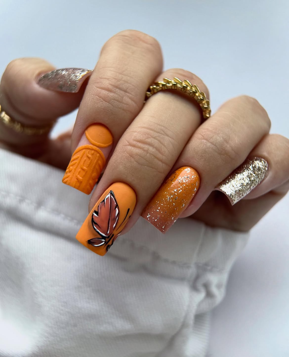 Orange Sweater Knit Fall Leaf Nails
