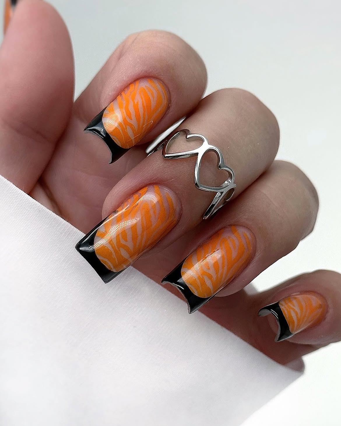 Orange Tiger Stripe French Tip Square Nails