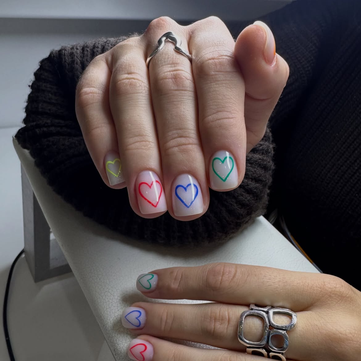 Outline Heart Neon Accents Short Squoval Nails