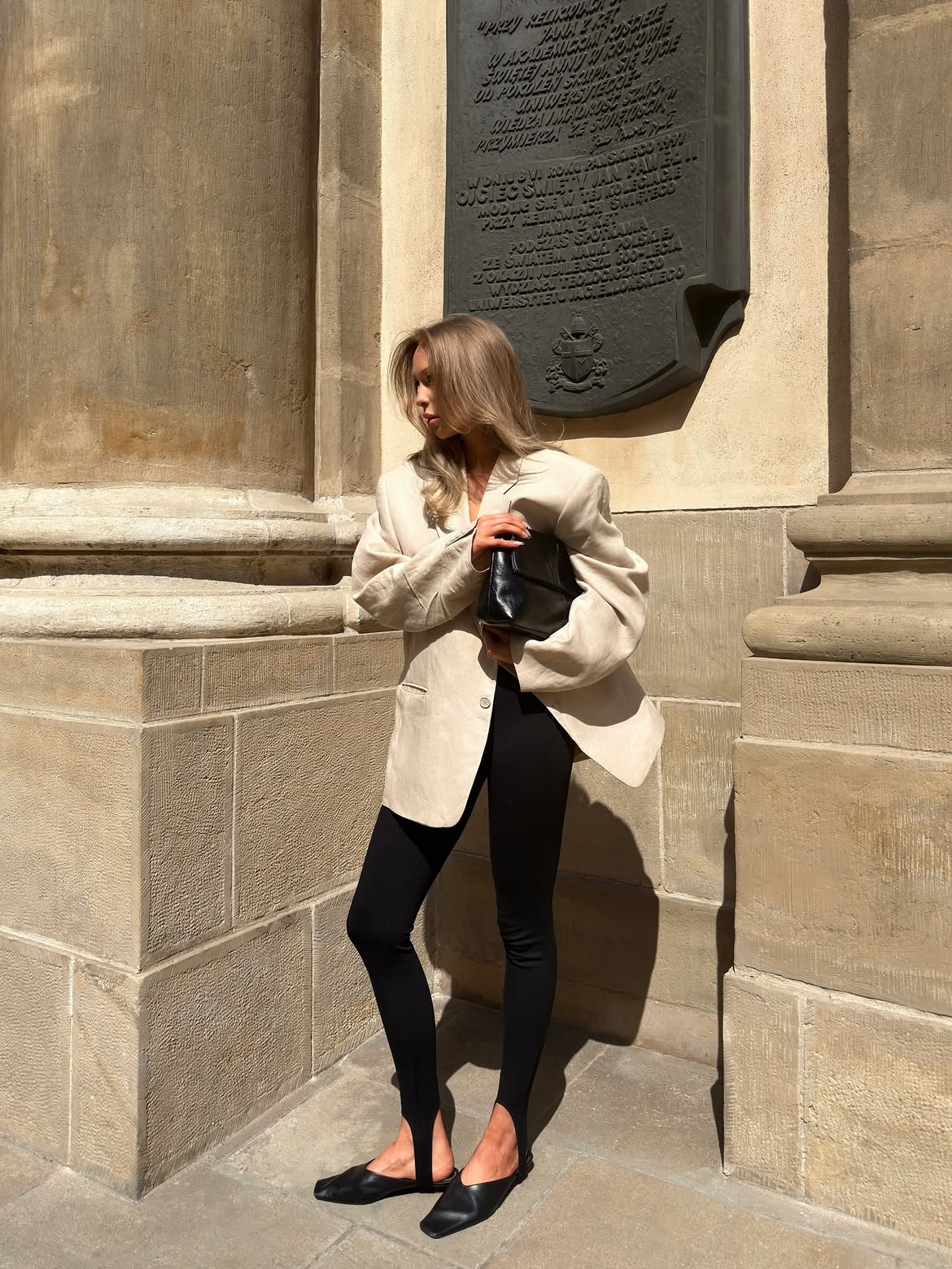 Oversized Blazer With Stirrup Leggings And Flats