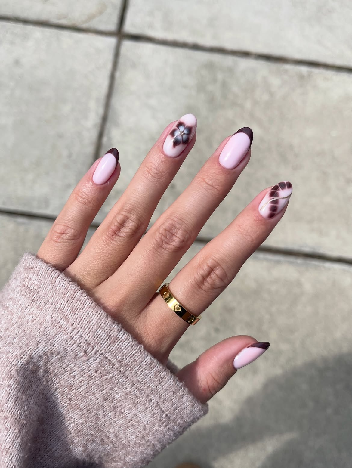 Pastel Pink French Tips With Abstract Floral Art