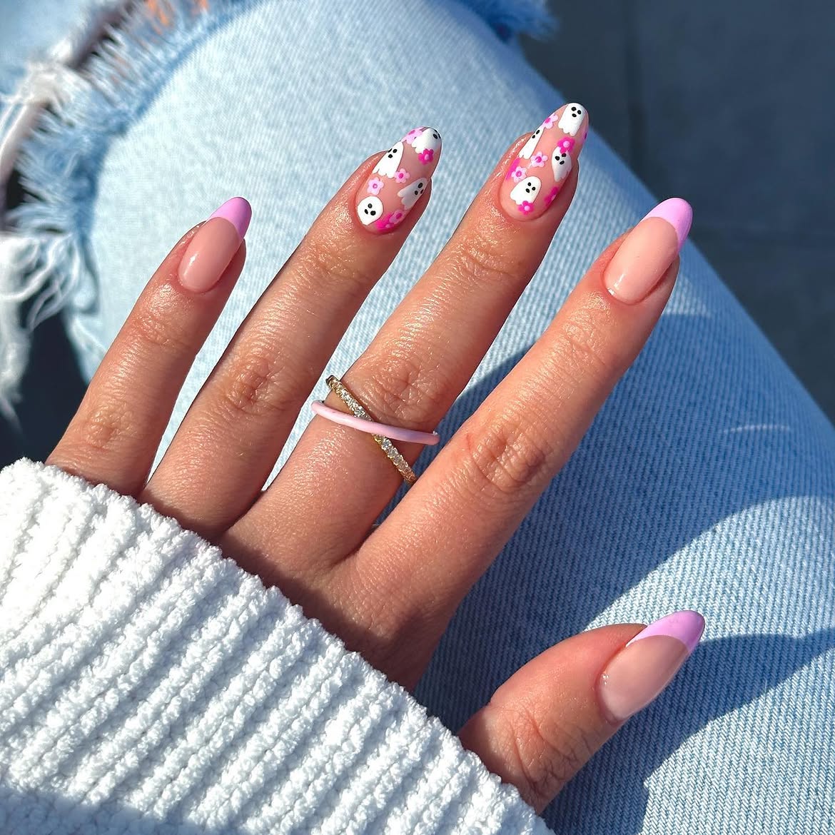 27 Spooktacular Pink Halloween Nail Ideas You Need 20 Pastel Pink Ghost French Tip Halloween Nails