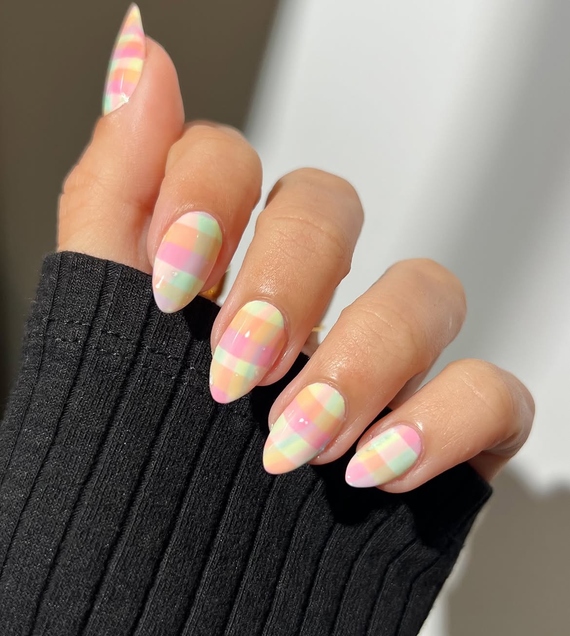 Pastel Plaid Almond Nails
