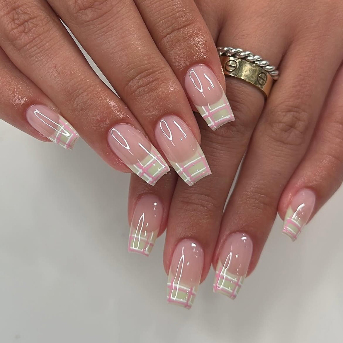 Pastel Plaid French Tip Square Nails