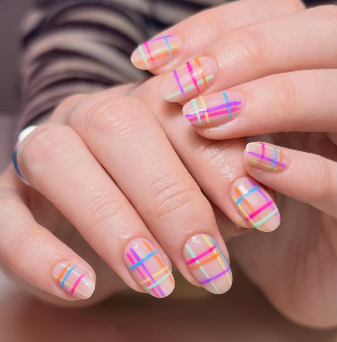Pastel Rainbow Plaid French Tip Nails