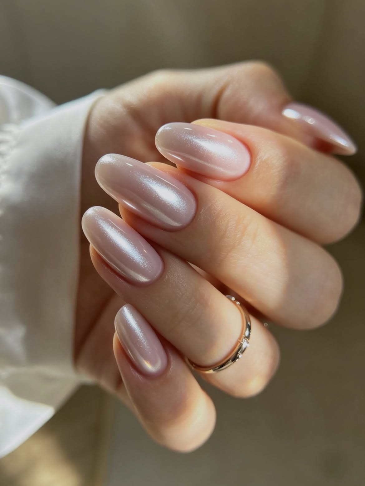 Pearlized Nude Almond Nails with Subtle Shimmer