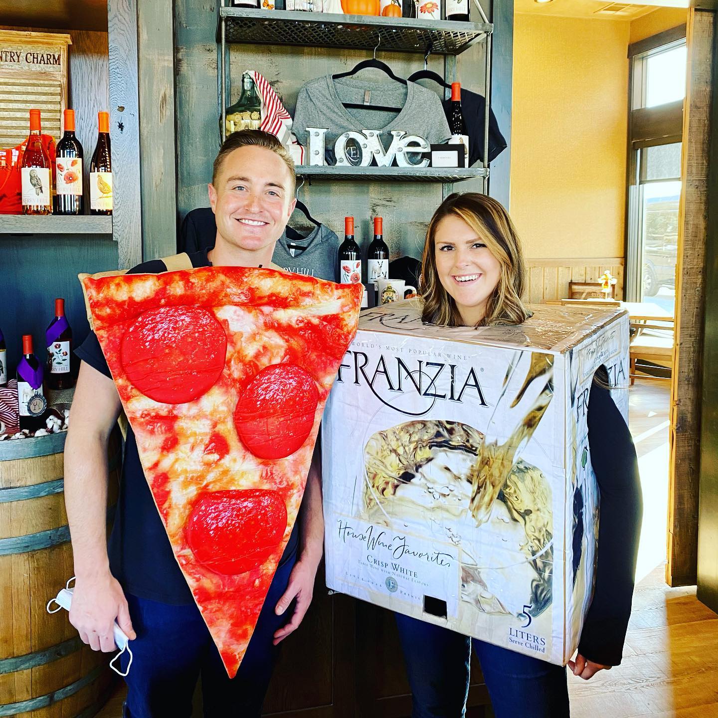 Pepperoni Pizza And Franzia Wine Box Halloween Costume Duo