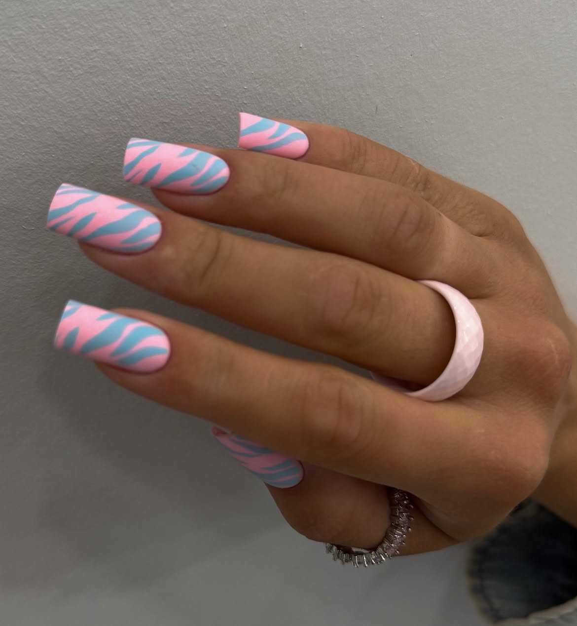 Pink and Blue Zebra Print Matte Coffin Nails