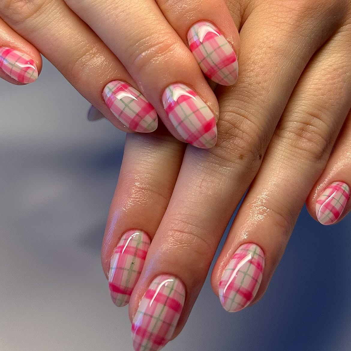 Pink and Green Plaid Oval Nails