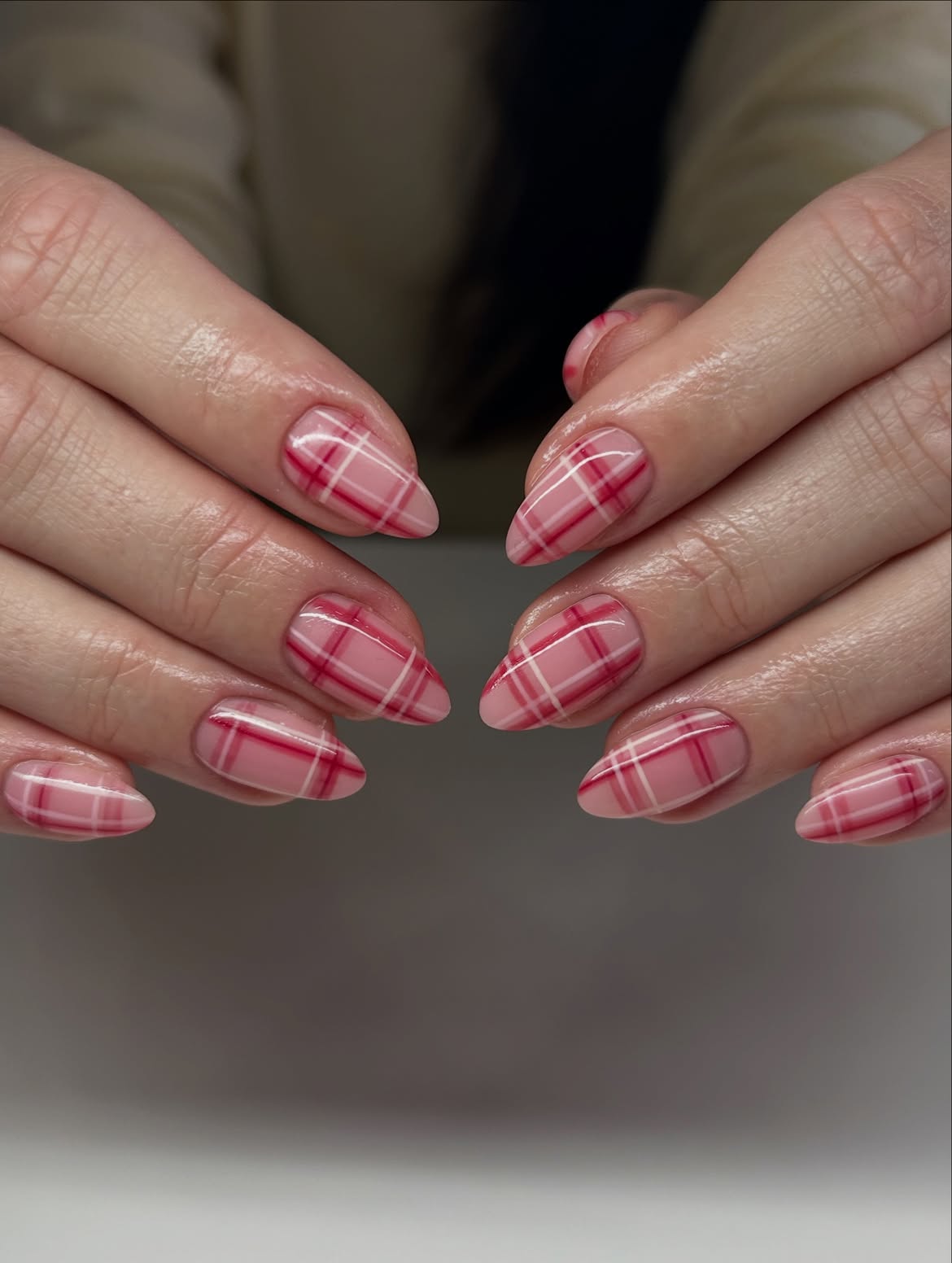 Pink and White Plaid Almond Gel Nails