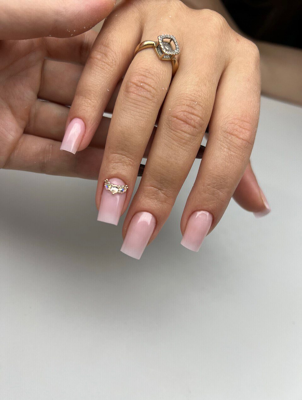 Pink French Ombre Square Nails with Rhinestone Accent