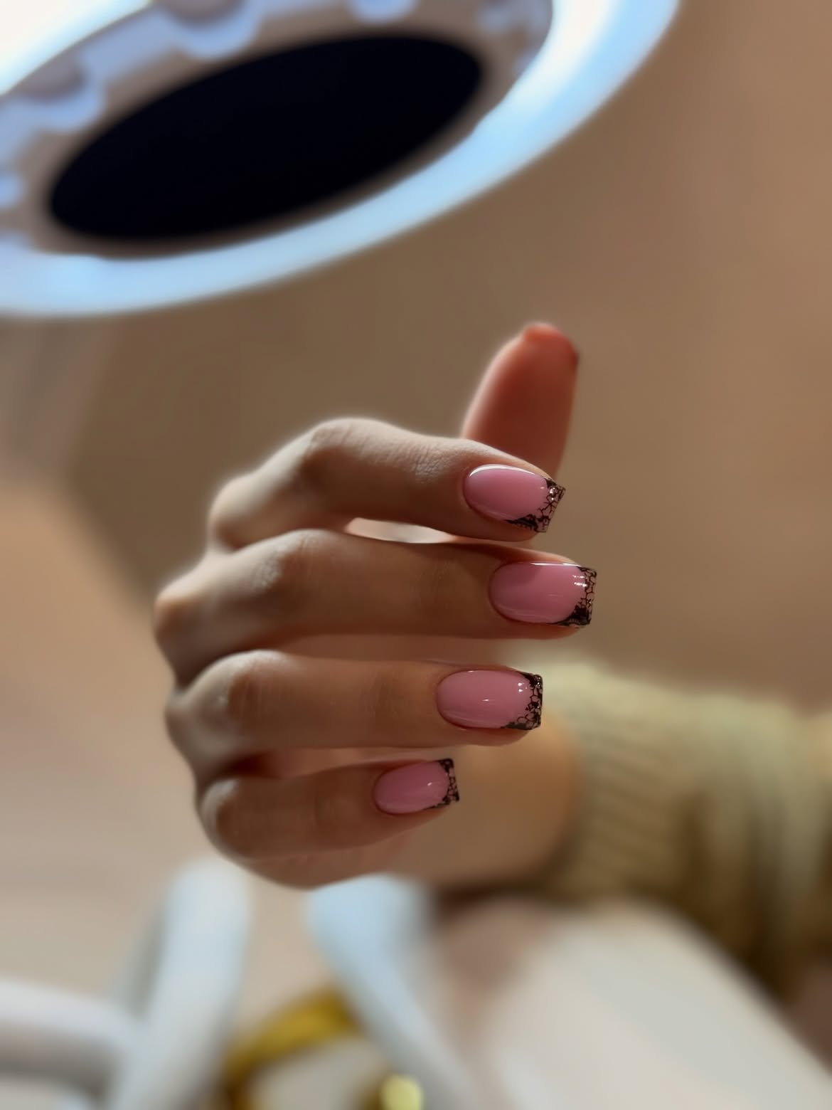 Pink French Tips with Black Lace Detail