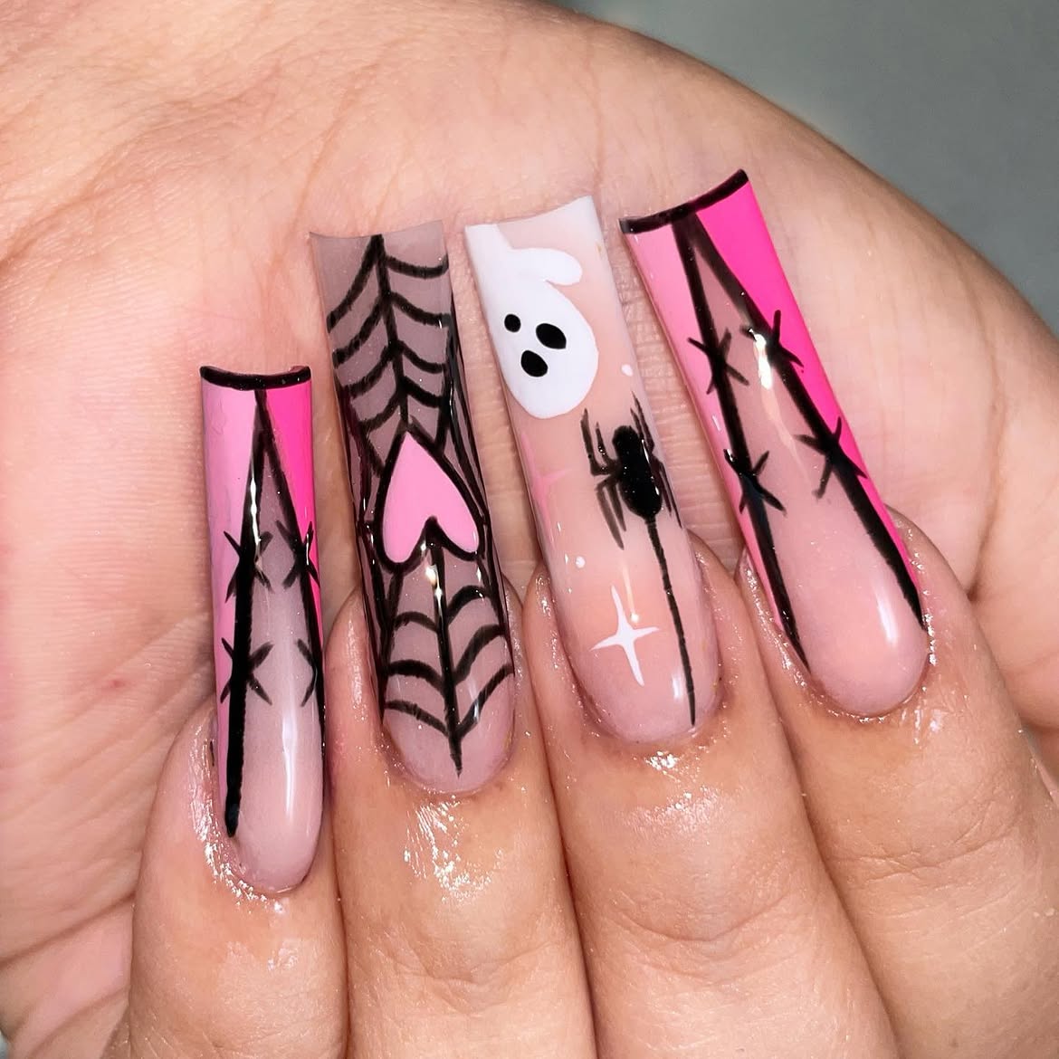 27 Spooktacular Pink Halloween Nail Ideas You Need 28 Pink Halloween Ghost Spiderweb Coffin Nails