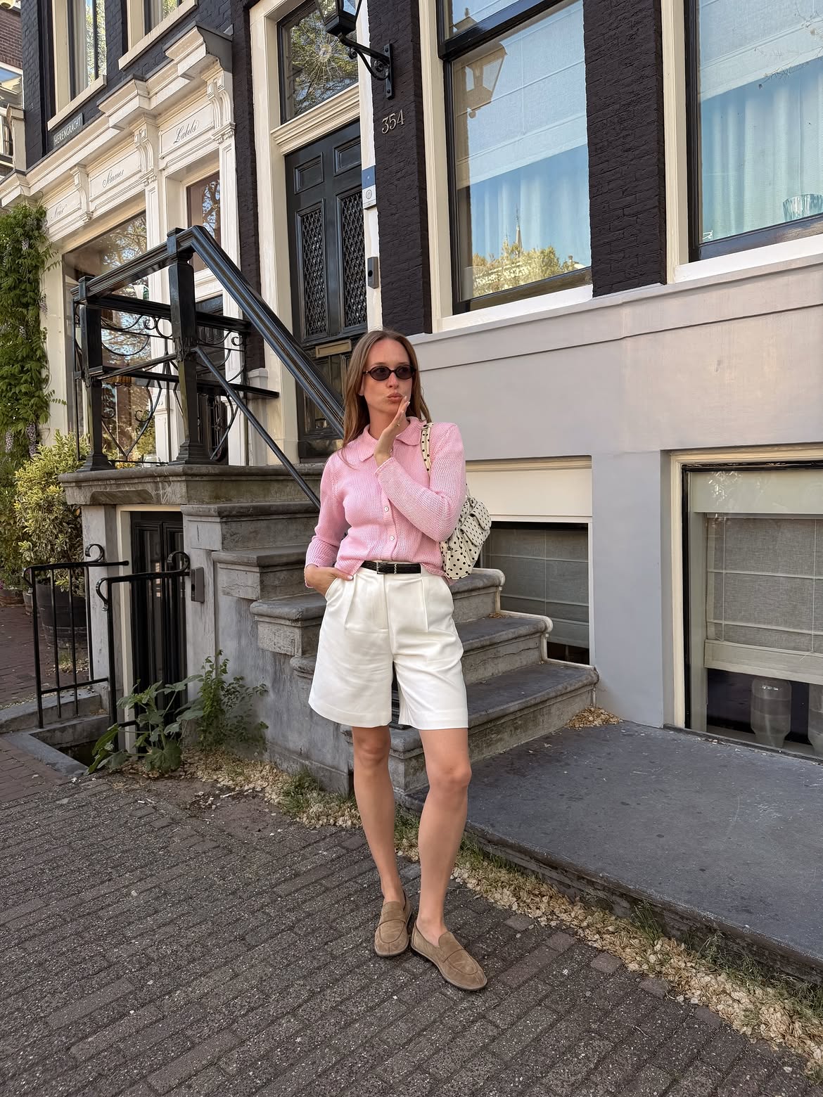 Pink Knit Polo With White Bermuda Shorts