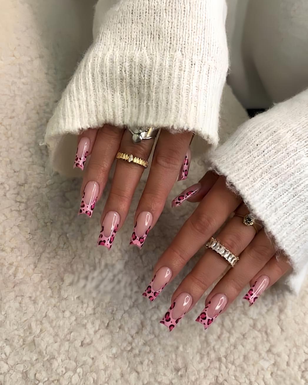 Pink Leopard French Tip Coffin Nails