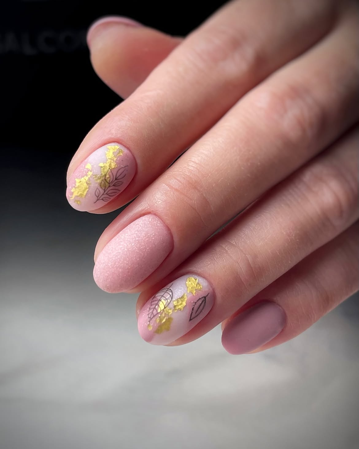 Pink Matte Almond Nails with Gold Leaf Detail