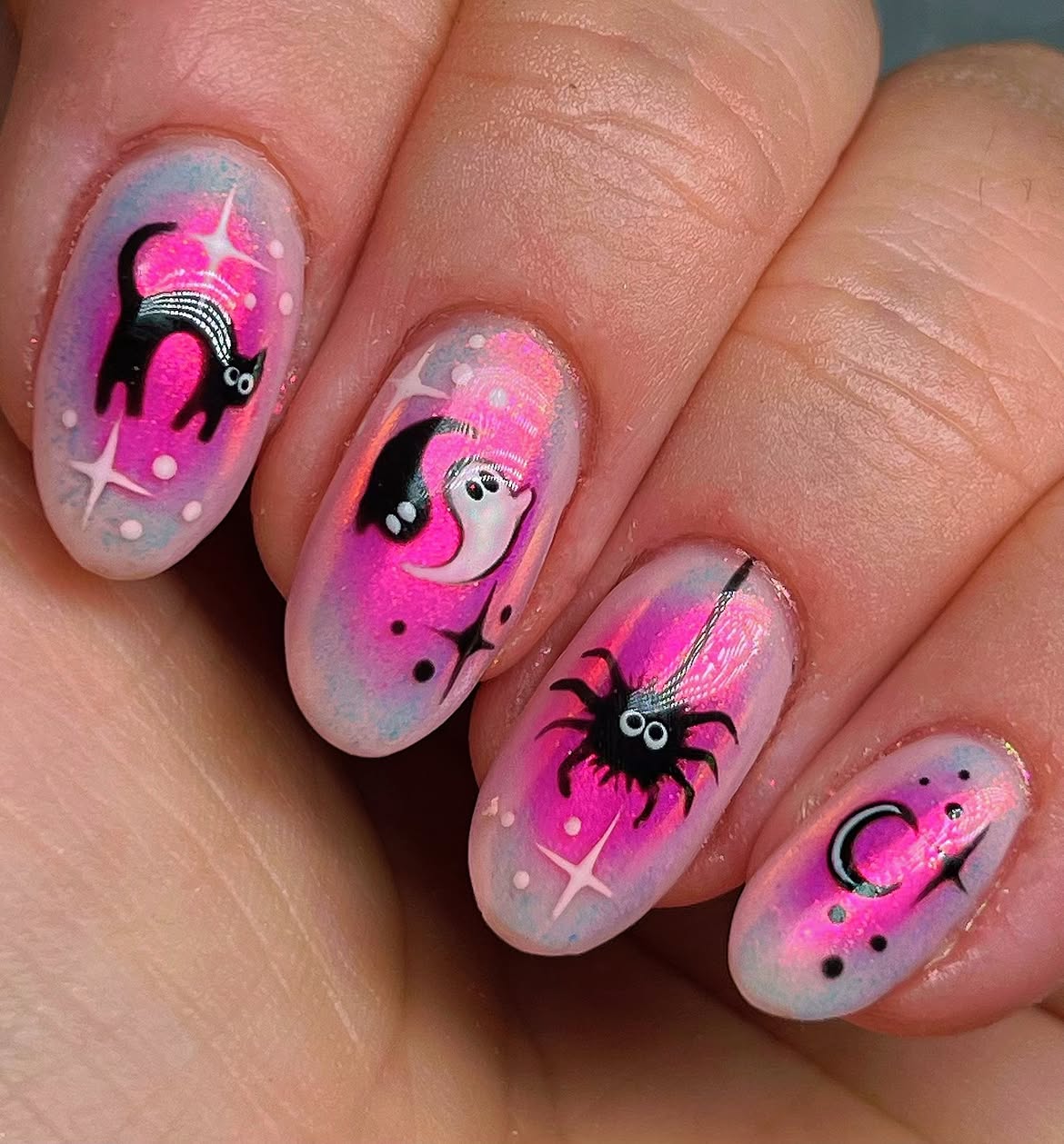 27 Spooktacular Pink Halloween Nail Ideas You Need 21 Pink Neon Halloween Aura Swirl Nails
