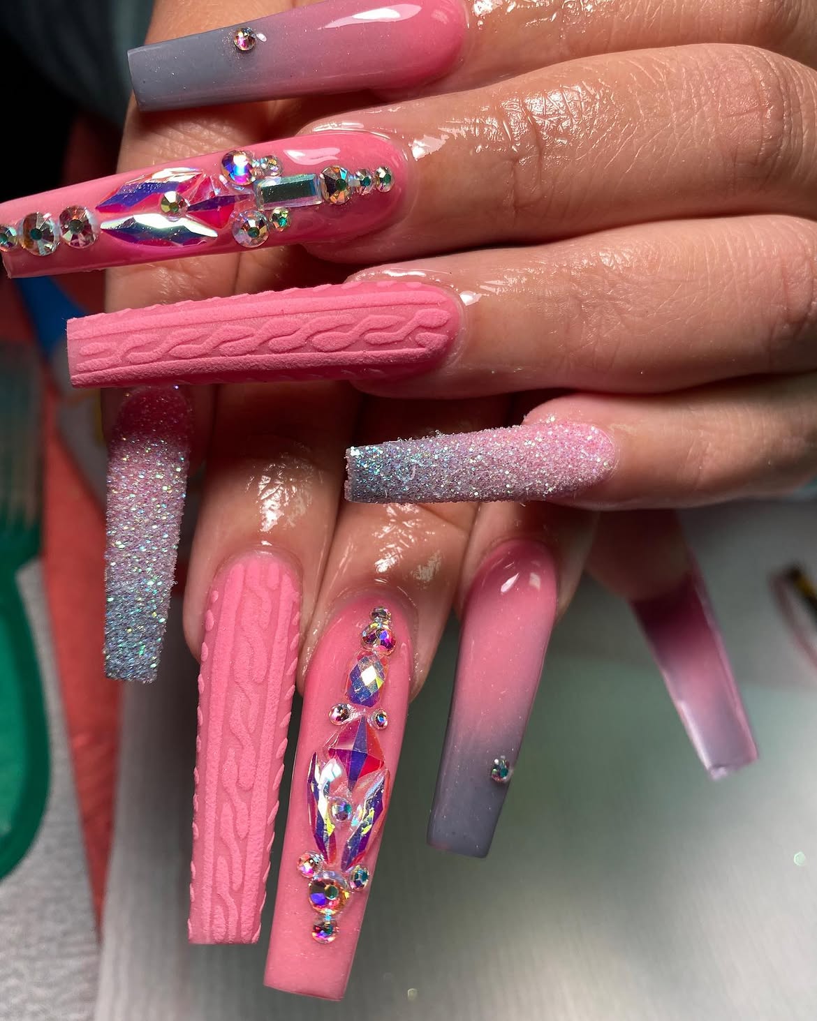 Pink Pastel Sweater Nails With Rhinestone Accents
