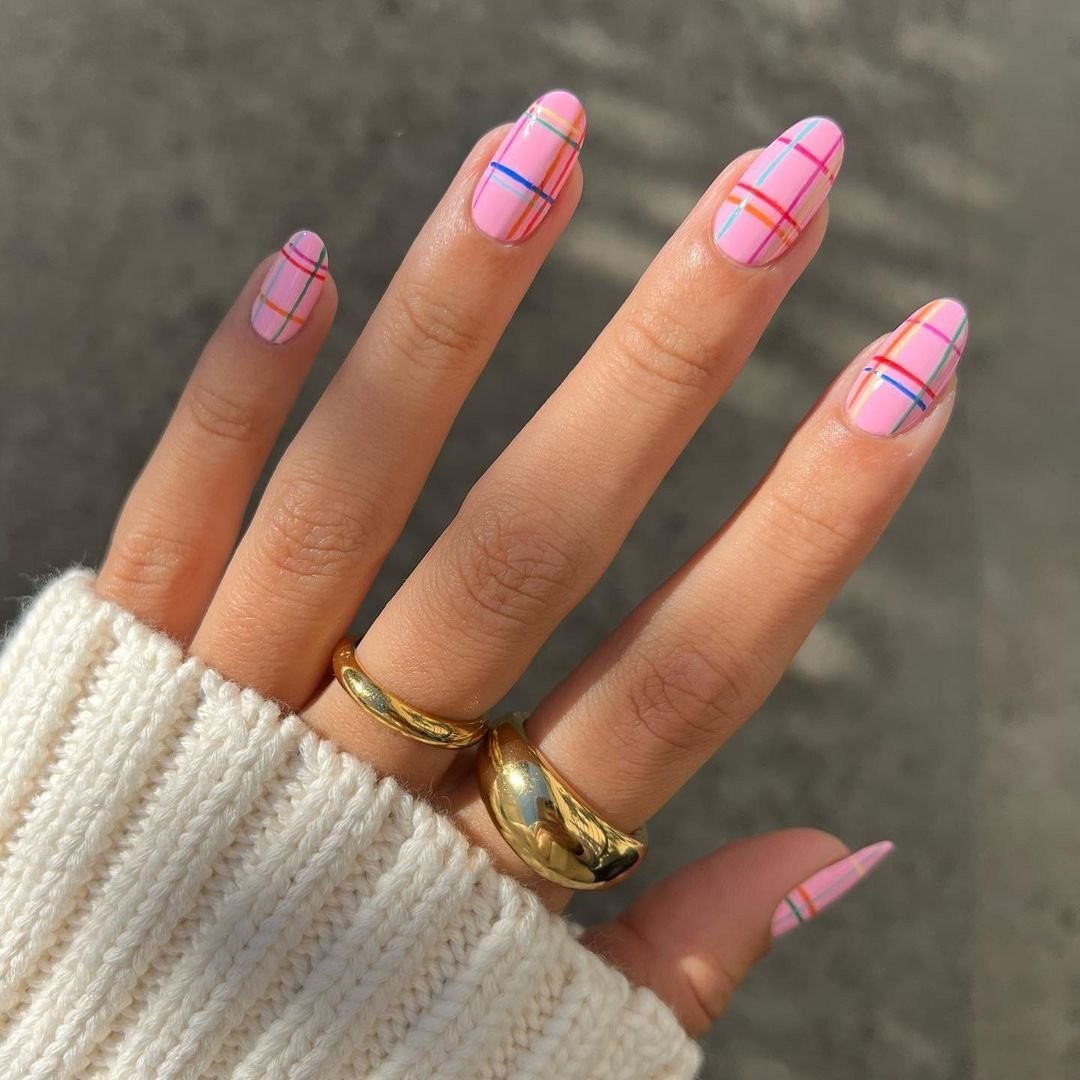 Pink Plaid Pastel Multicolored Line Art Nails